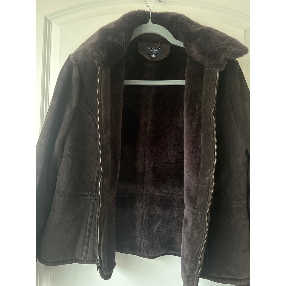 Sonoma Life Style Brown Suede Leather Jacket Faux Fur Trim Zip Front Womens M - Picture 3 of 8